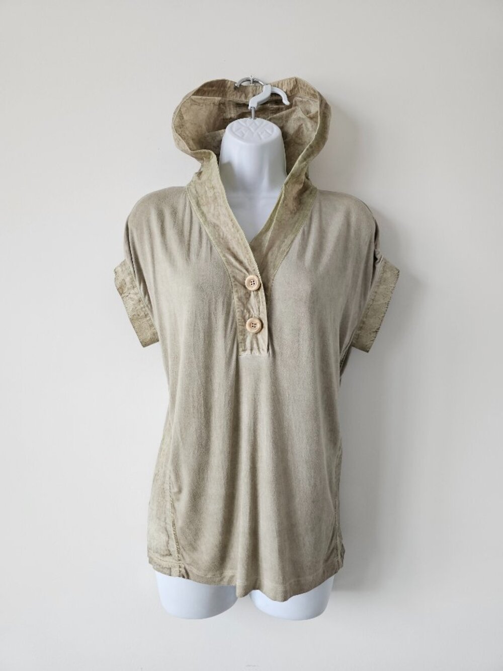 JAVIER SIMORRA Beige Viscose Nylon Taffeta Short Sleeve Hoodie Top Size 2